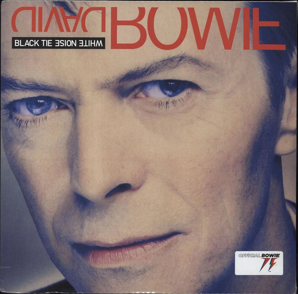 David Bowie album cover for 'Black Tie White Noise' featuring a close-up photograph of David Bowie's face with a serious expression.