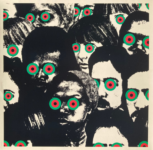 Black and white illustration of a group with green and red circle eyes on a beige background