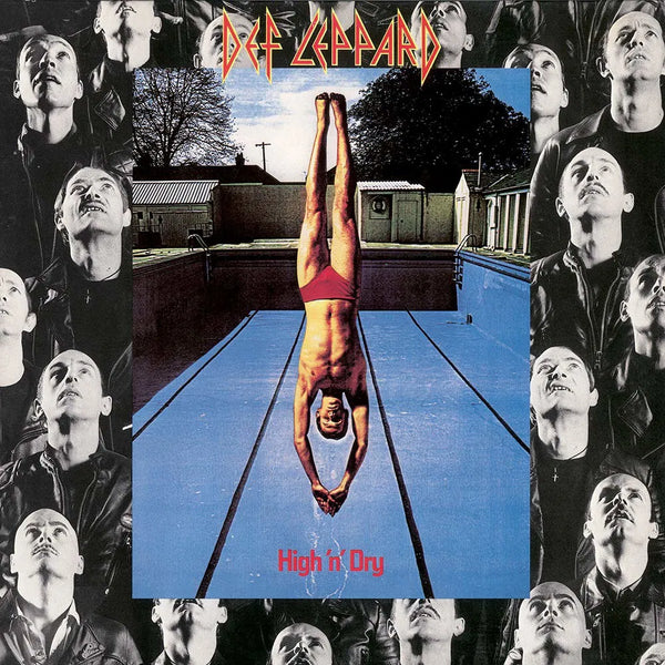 The cover art for the Def Leppard album 'High 'n' Dry' features a collage of the band members and a person diving into a pool.
