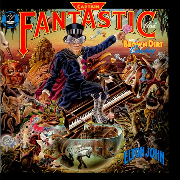 Album cover for 'Captain Fantastic and the Brown Dirt Cowboy' by Elton John with a colorful and detailed design.