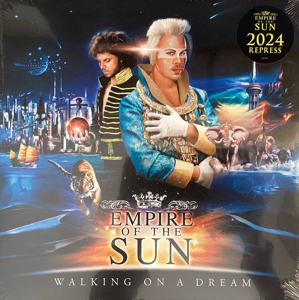 Limited mustard coloured vinyl LP of Empire Of The Sun - Walking On A Dream with artwork featuring the band members dressed in ornate costumes against a fantasy-themed backdrop.