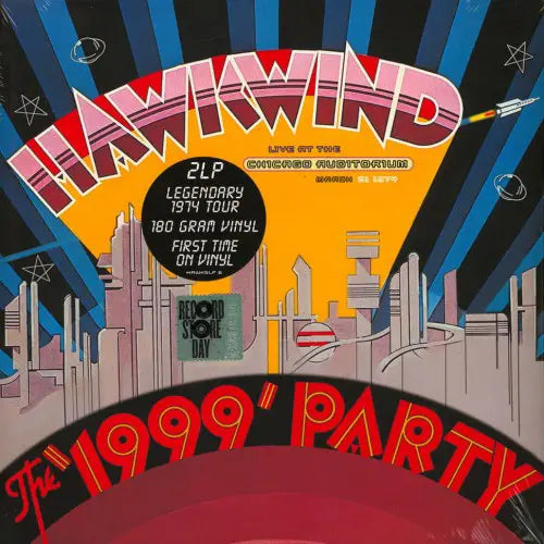 Vinyl record cover for 'Hawiwind' with cityscape design and text about a 1974 tour.