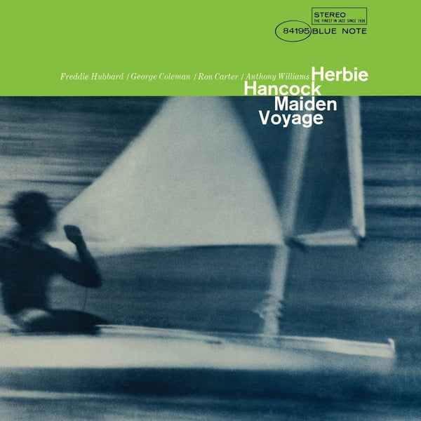 Herbie Hancock - Maiden Voyage album cover featuring a monochrome photograph of a person sailing on a boat.