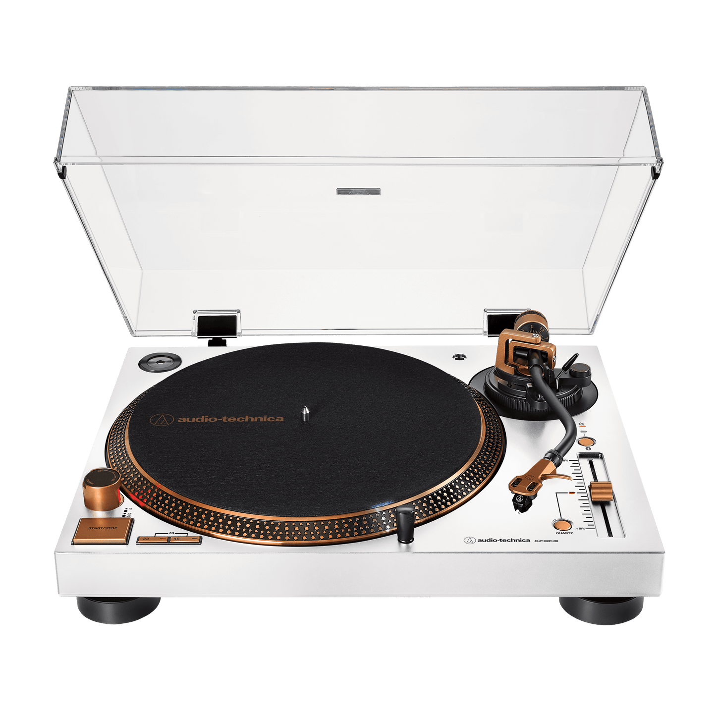 Audio Technica AT-LP-120XBT-USB White/Bronze Turntable (w/ Built-In Phono Preamp, Analogue & Bluetooth Connectivity)