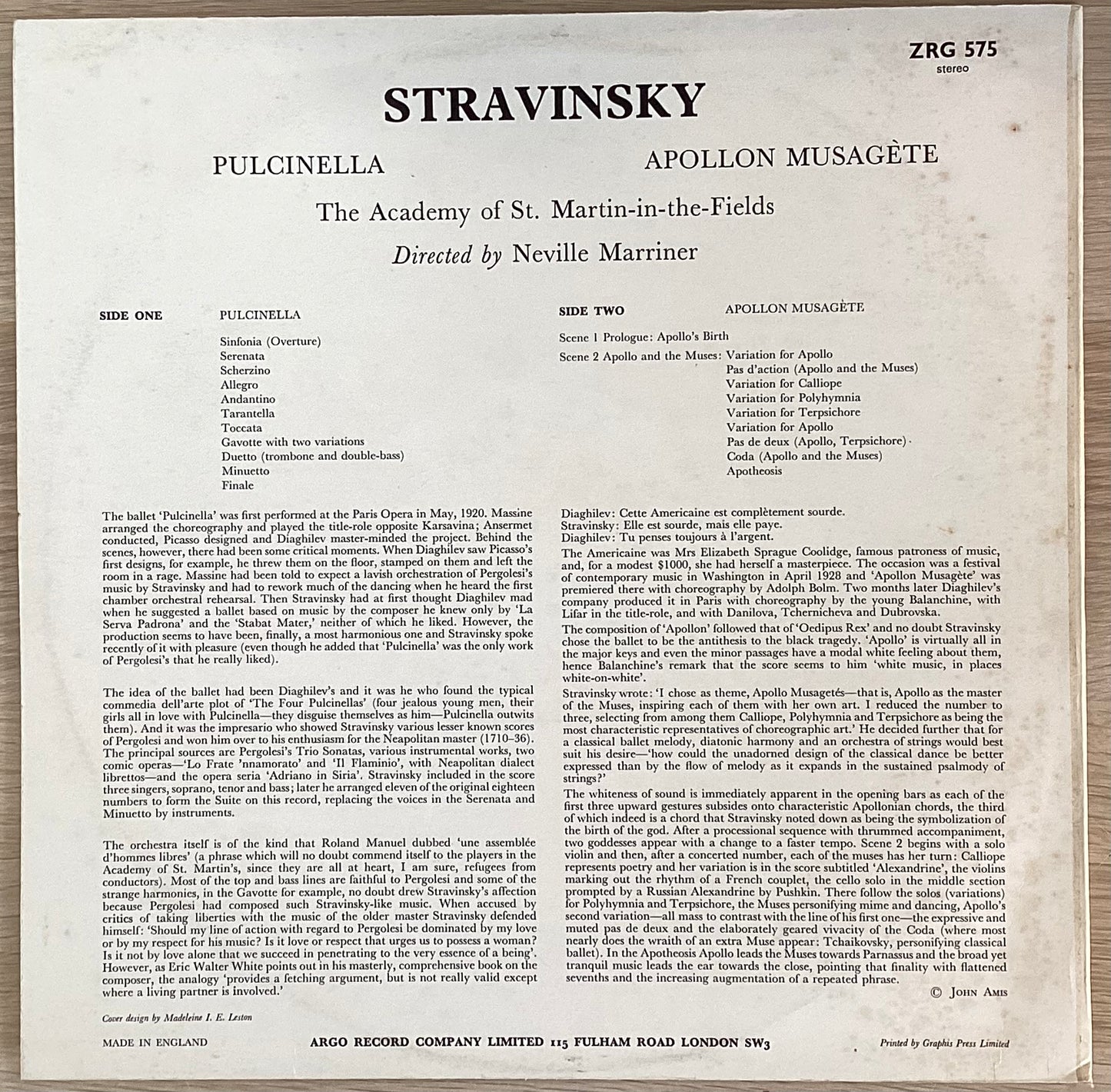 Stravinsky, Pulcinella / Apollon Musagète, Neville Marriner, 1968 UK "Oval" Argo ZRG 575