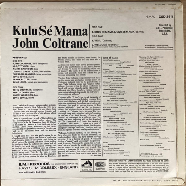 John Coltrane – Kulu Sé Mama. UK 1967 His Master's Voice – CSD 3617 (Promo.) Vinyl LP John Coltrane – Kulu Sé Mama. UK 1967 His Master's Voice – CSD 3617 (Promo.) Vinyl LP