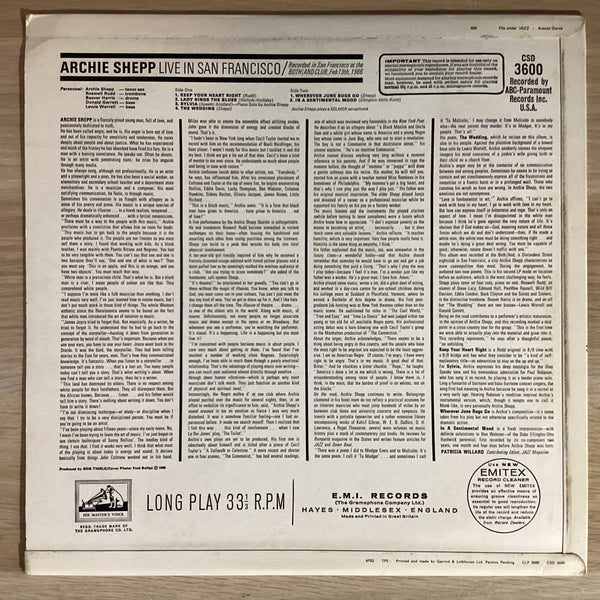 Archie Shepp – Live In San Francisco. UK 1966 His Master's Voice – CSD 3600 (Promo.) Vinyl LP
