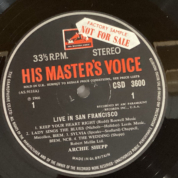 Archie Shepp – Live In San Francisco. UK 1966 His Master's Voice – CSD 3600 (Promo.) Vinyl LP