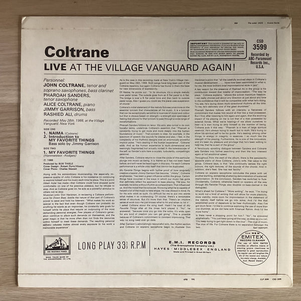 John Coltrane – Coltrane Live At The Village Vanguard Again!. UK 1967 HMV – CSD 3599 (Promo.) John Coltrane – Coltrane Live At The Village Vanguard Again!. UK 1967 HMV – CSD 3599 (Promo.)