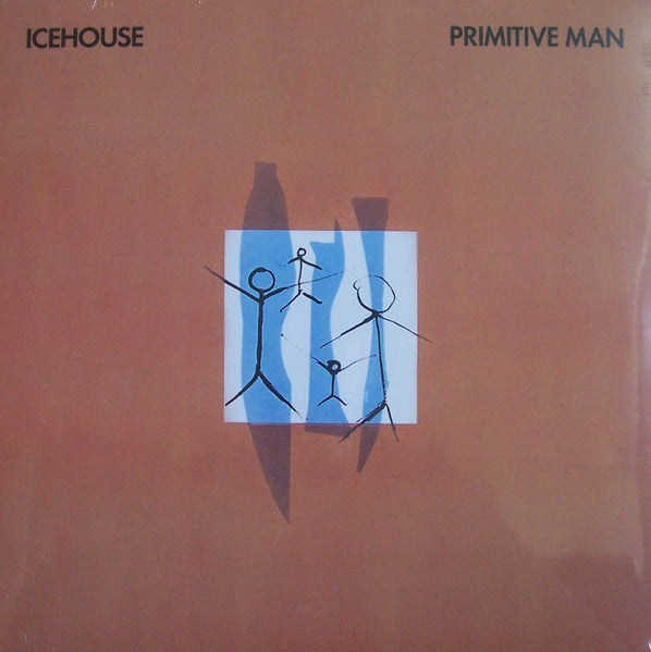 This image features the vinyl LP cover for "Icehouse - Primitive Man." The cover displays a minimalist design with 4 human stick figures in blue square, set against a warm, earthy background.