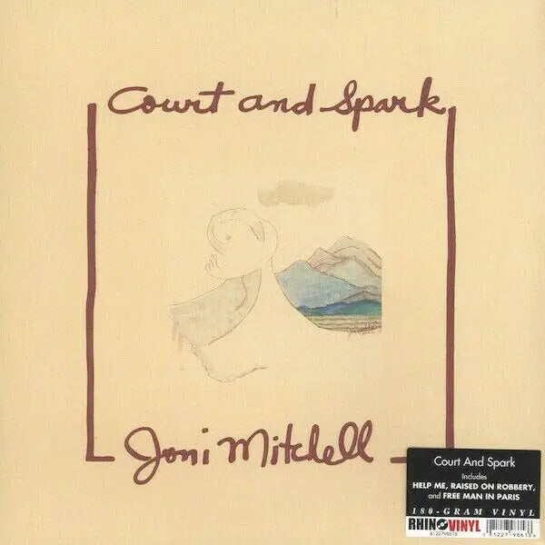 Album cover for 'Court and Spark' by Joni Mitchell with a stylized illustration of a woman and mountains.