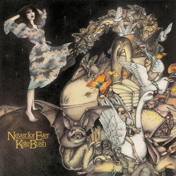 Album cover for 'Never for Ever' by Kate Bush featuring an illustration of Kate and various creatures.