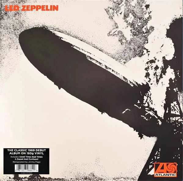 Album cover of Led Zeppelin's debut album with a silhouette of an airship on fire