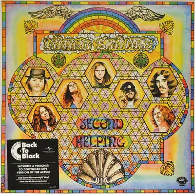 Colorful album cover for Lynyrd Skynyrd's 'Second Helping' with geometric patterns and portraits.