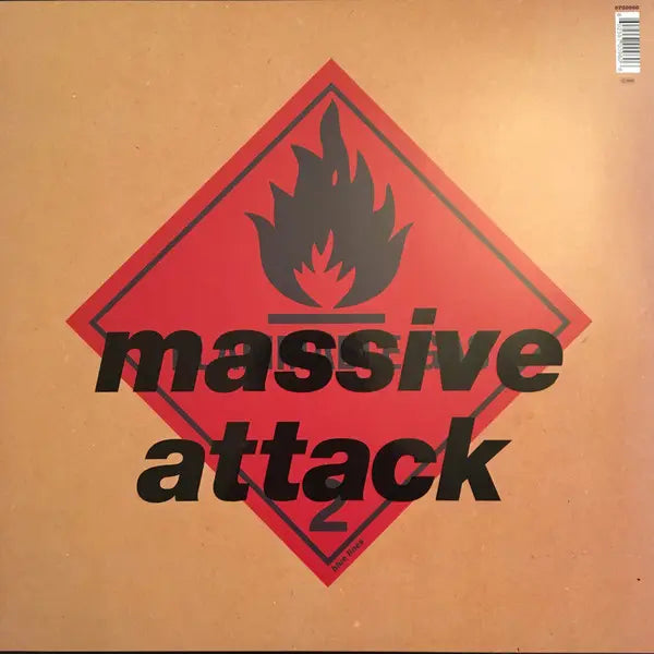 Vinyl cover of massive attacks blue lines with a fire symbol on a brown background