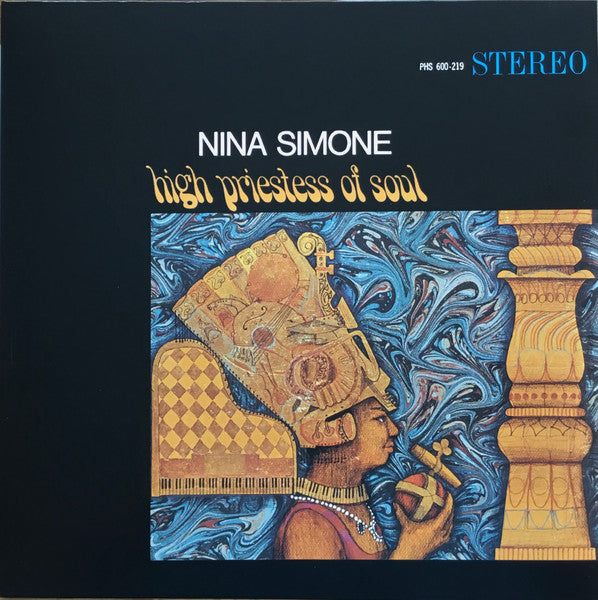 Vinyl LP cover of Nina Simone's album 'High Priestess Of Soul' featuring a stylized illustration of a woman with a traditional headdress and a cigarette.