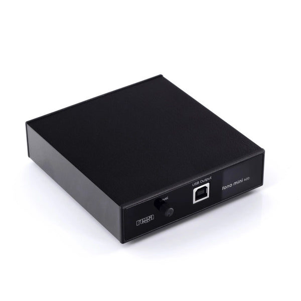 image of a Rega Fono Mini A2D MK2 phono preamp, compact black unit with USB output