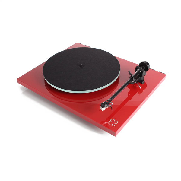 image of red Rega Planar 2 record player, belt-drive turntable