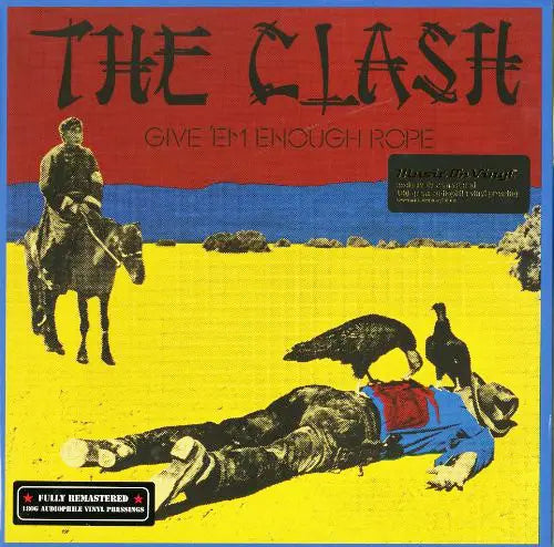 Album cover of 'Give 'Em Enough Rope' by The Clash with a horse, person on ground, and birds.