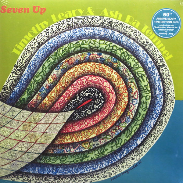 Cover art for the vinyl LP 'Seven Up' by Timothy Leary & Ash Ra Tempel featuring a circular pattern with multicolored geometric designs and text elements.