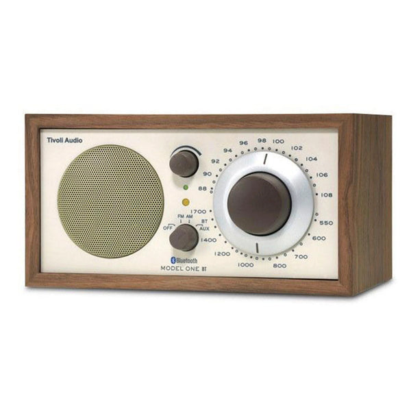 Tivoli Audio Model One BT radio, classic walnut wood finish front side view