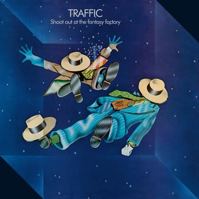 Album cover for Traffic's 'Shoot Out At The Fantasy Factory' featuring an illustration of two characters in suits and hats against a cosmic space background.