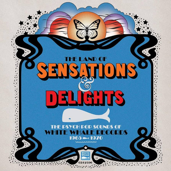 Cover art for 'The Land Of Sensations & Delights' album featuring a whale graphic, stars, and the text 'The Psychy-Folk-Rock-Pop Sounds of White Whale Records 1965-1970'.