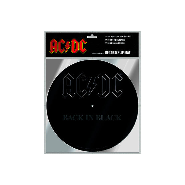 AC/DC Back In Black Turntable Mat Slipmat packaging featuring the band's name and album title 'Back In Black' prominently displayed.