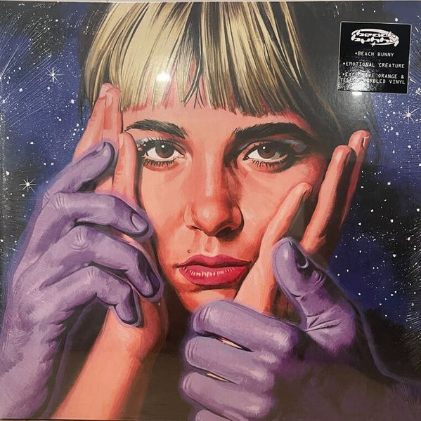 Album cover art for Beach Bunny featuring a portrait of Bunny with their hands on their face along with another pair of purple hands set against a cosmic space background.