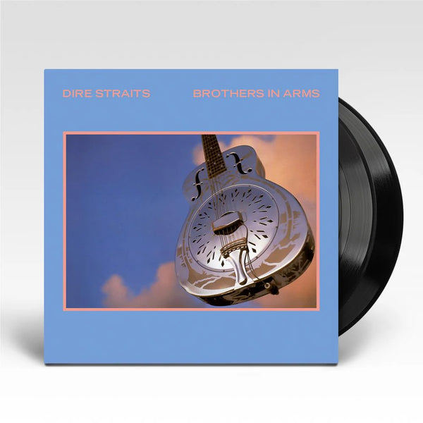 Vinyl record with 'Dire Straits Brothers in Arms' cover featuring a guitar on a blue background.