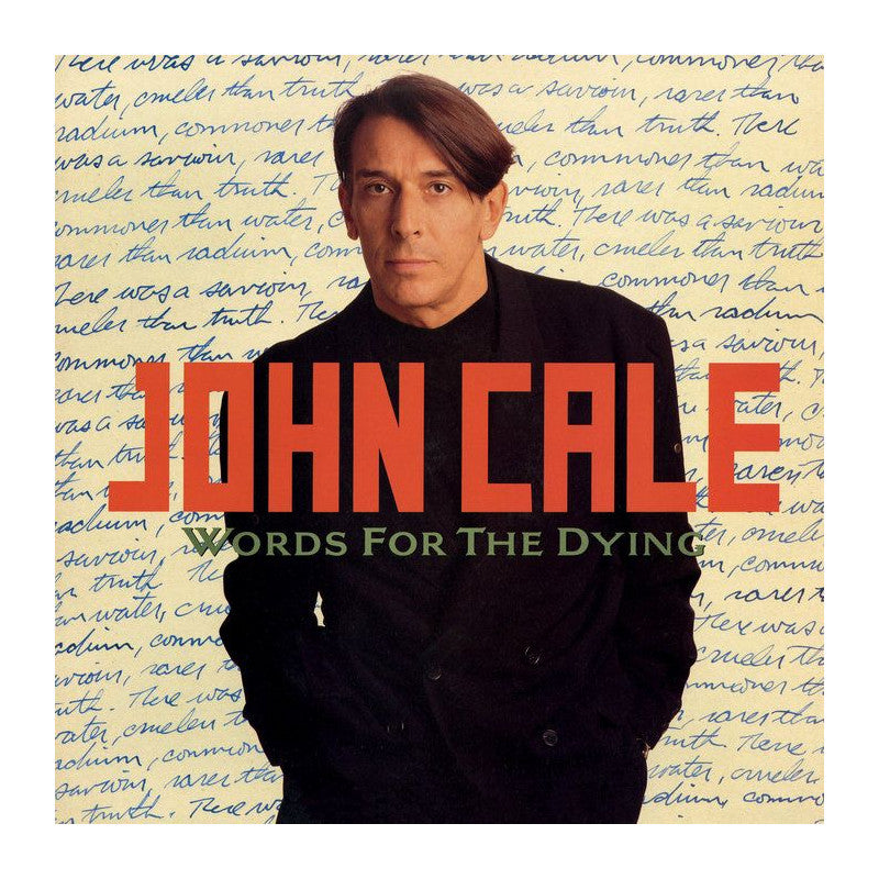 John Cale album cover for 'Words For The Dying' featuring a portrait of the artist with a background of handwritten text.