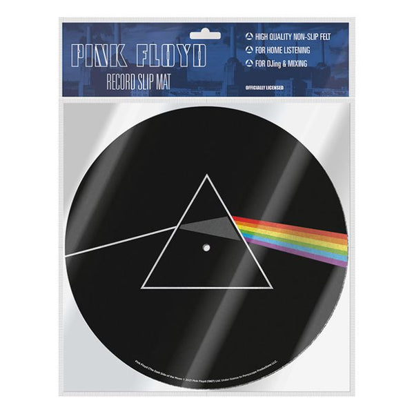 A Pink Floyd branded turntable mat slipmat with a graphic design, packaged in a clear plastic sleeve with a blue and white cardboard backing.