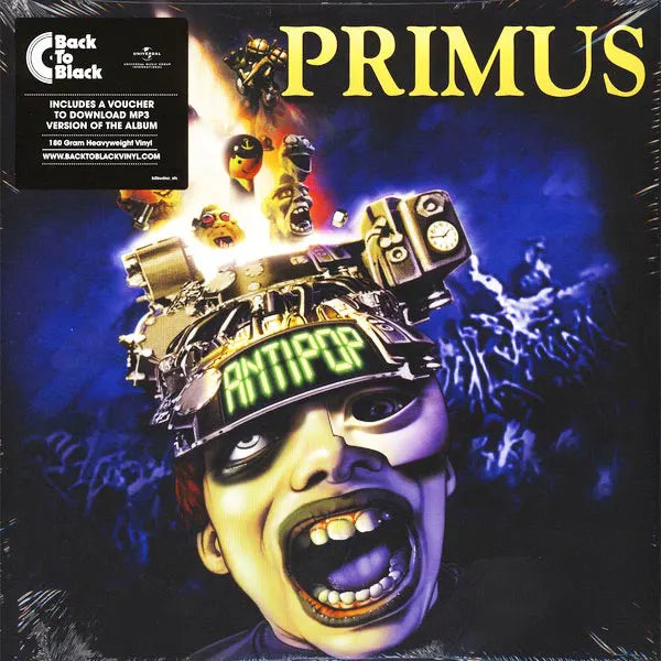 Vinyl album cover for Primus' 'Antipop' with a stylized face wearing a helmet.