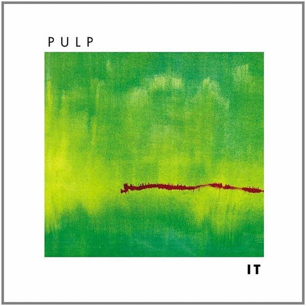 This image features the album cover of "Pulp - It, Vinyl LP," showcasing a vibrant and abstract green painting with a distinctive red line stretched across the lower part. The band's name, "PULP," is prominently displayed at the top, and the album title, "IT," at the bottom