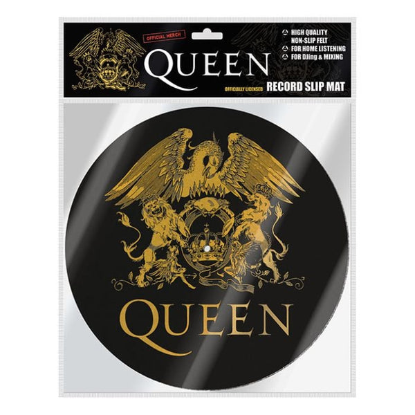 A black turntable slipmat with the 'Queen' band's logo in gold.