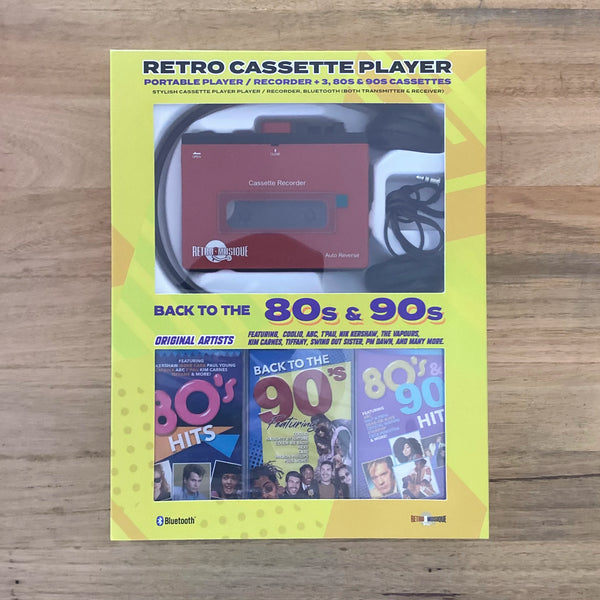 Retro cassette player packaging with a yellow background and images of a cassette and player.