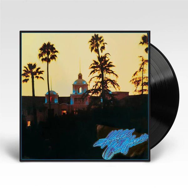 The Eagles Hotel California vinyl LP, 1976 classic rock album, palm tree landscape cover with iconic hotel illustration