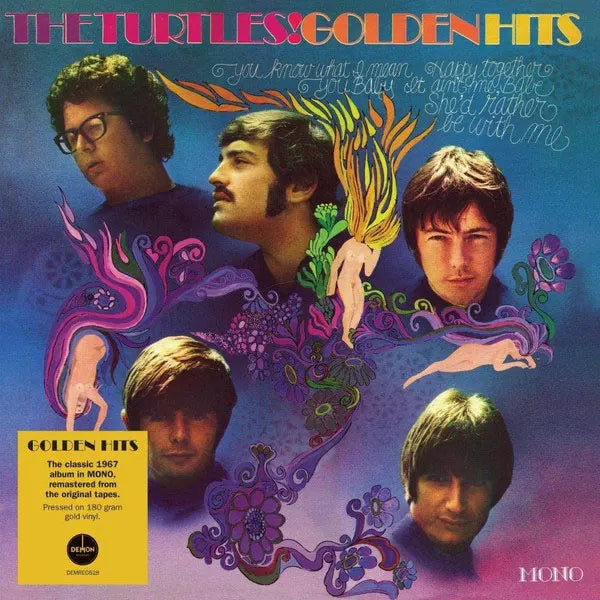 Album cover of 'The Turtles Golden Hits' with psychedelic design and band members' faces.