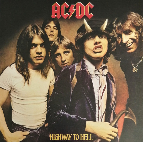 AC/DC band members in a group photo with the album title 'Highway to Hell' on the cover.