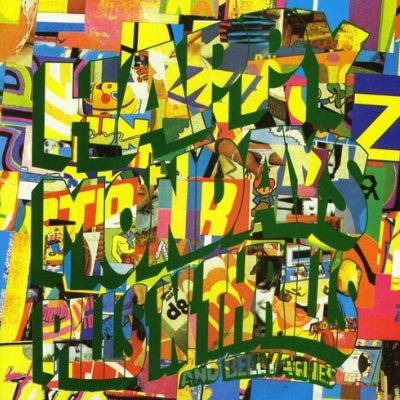 The cover art for 'Pills 'N' Thrills And Bellyaches' by Happy Mondays features a vibrant, abstract mosaic of colorful images and text on a yellow background.