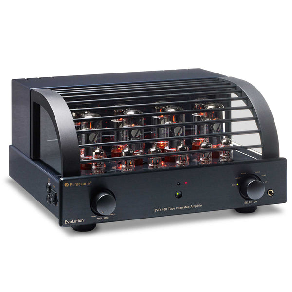 PrimaLuna EVO 400 Tube Integrated Amplifier with EL34 tubes, featuring a black finish, front-facing tubes, and a front panel with control knobs.