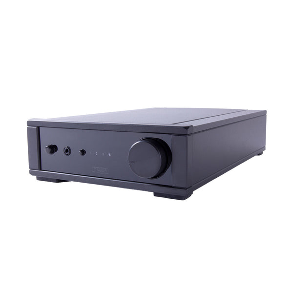 A black Rega io Integrated Amplifier with control knobs and input ports on the front panel.
