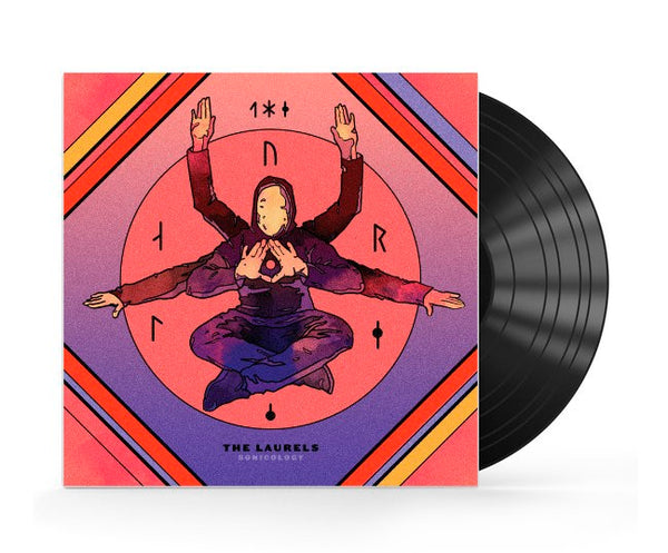 A vinyl LP record of The Laurels' Sonicology with a colorful abstract design on the cover.