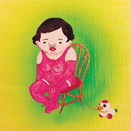 Cover art for Jim O'Rourke album 'Insignificance', featuring a stylized illustration of a character in pink seated on a chair with a small animal-like figure next to them, set against a greenish, yellow background.
