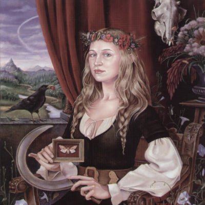 A stylized painting of a woman with a crown of leaves, holding a mirror in which a butterfly is visible. The background includes red curtains and a landscape.