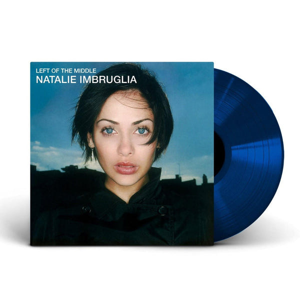 A blue vinyl record of Natalie Imbruglia's album 'Left Of The Middle' with a photo of the artist on the cover.