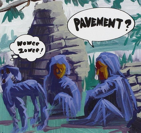 Cover art for 'Wowee Zowee' by Pavement, featuring cartoonish figures and a dog.