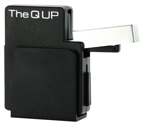 A black Pro-Ject Q Up automatic tonearm lifter designed to lift the tonearm of a turntable when it reaches the end of a record.