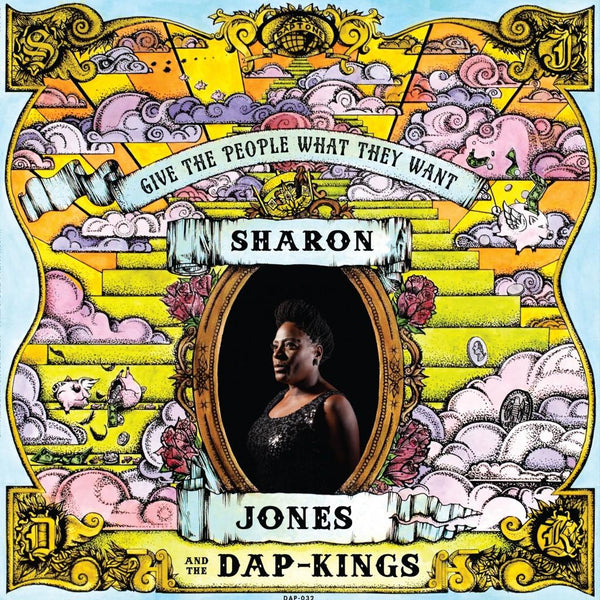 Album cover art for Sharon Jones & The Dap-Kings LP titled 'Give The People What They Want'. The cover features a colorful, illustrated background with a portrait of Sharon Jones in the centre