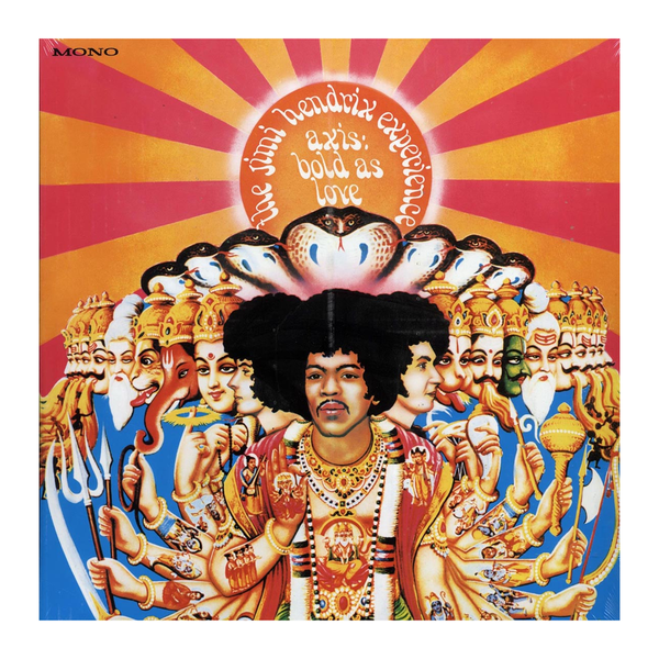 The cover of the mono vinyl LP 'Axis: Bold As Love' by the Jimi Hendrix Experience, featuring a colorful illustration of Jimi Hendrix and a variety of characters.